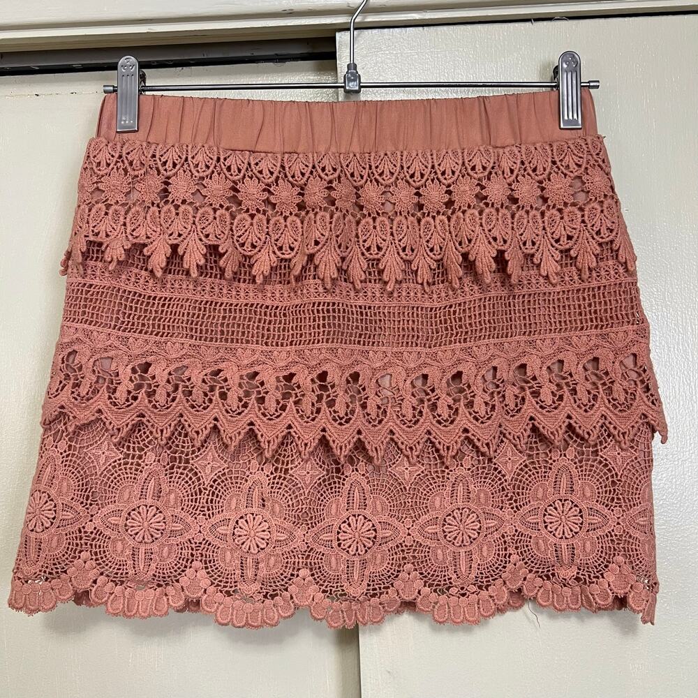 English Rose Lace Crochet Mini Skirt M Mauve Lined Elastic Waist
